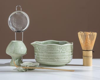 Matcha Set - Sage Green Floral Ceramic Matcha Kit with Whisk, Sifter, Scoop | Green Tea Gift