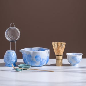Crystalline Glaze Blue Ceramic Matcha Set with Bamboo Whisk & Sieve