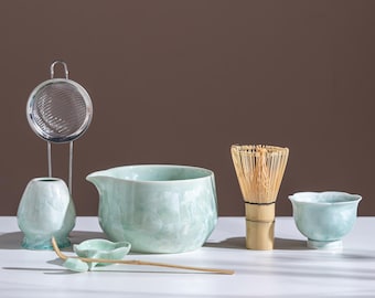Green Crystalline Glaze Matcha Bowl Set Unique Artisan Crafted Matcha Making Kit