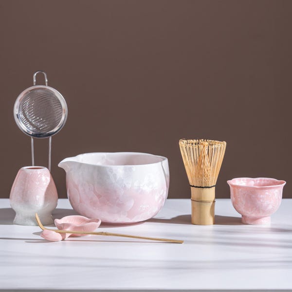 Matcha Set Rosa Kristallglasyr Keramisk Skål med Kopp Bambu Visp Teceremoni Kit