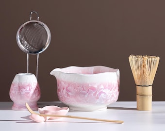 Matcha Bowl Set Pink Petal Crystalline Glaze Scalloped Ceramic with Bamboo Whisk