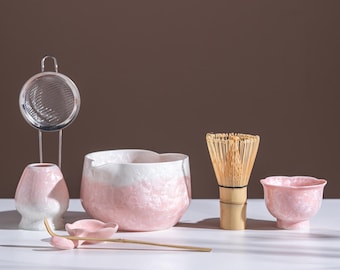 Pink Crystalline Glaze Matcha Bowl Set, Cherry Blossom Ceramic Japanese Tea Ceremony Kit with Bamboo Whisk