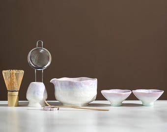 Matcha Bowl Set Crystalline Glaze Purple and White Japanese Tea Ceremony Tools with Whisk Bowl and Cups