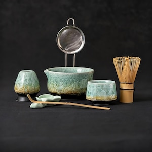 Matcha Set Green Crackle Glaze Ceramic Bowl Bamboo Whisk Tea Ceremony Kit