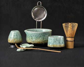 Matcha Set Green Crackle Glaze Ceramic Bowl Bamboo Whisk Tea Ceremony Kit