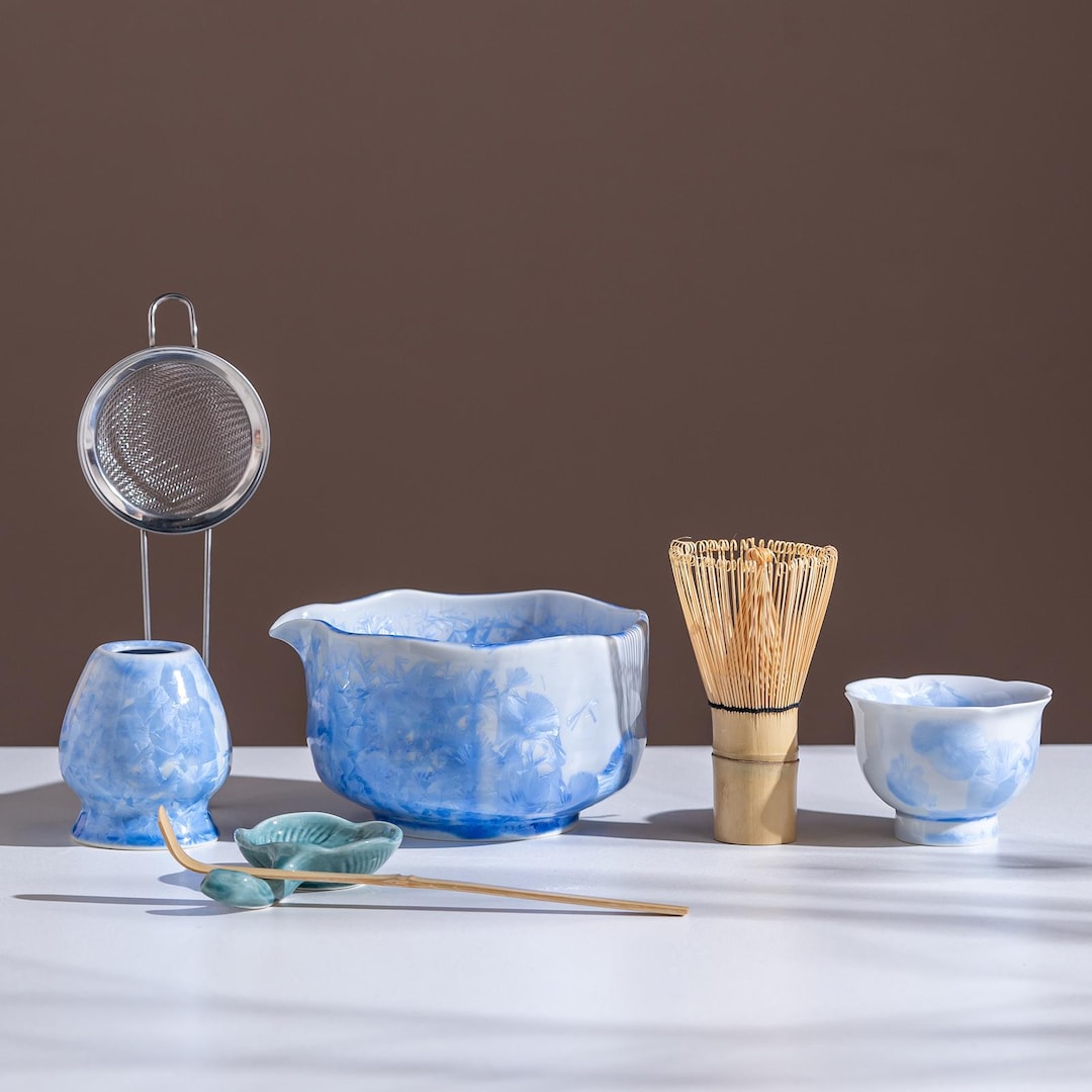 Handmade Blue Crystalline Glaze Matcha Bowl Set with Whisk - bowl + holder