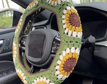 Green Sunflower Car Steering Wheel Cover,Crochet Steering Wheel Cover,Flower seat belt Cover,Cute Steering Wheel Cover,Car Accessories