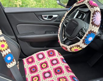 Set coprisedili per auto con girasole all'uncinetto fatto a mano