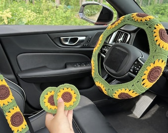 Green Sunflower Car Steering Wheel Cover,Crochet Steering Wheel Cover,Flower seat belt Cover,Cute Steering Wheel Cover,Car Accessories