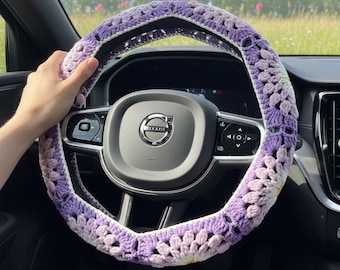 Funda para volante de coche con margaritas moradas, funda de volante de ganchillo, funda para cinturón de seguridad con flores, bonita funda para volante, accesorios para coche