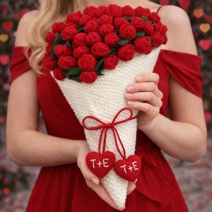 Può includere: Un bouquet fatto a mano di rose rosse all'uncinetto in un supporto a forma di cono bianco, legato con un fiocco rosso. Due ornamenti a forma di cuore rossi con ricamo "T+E" pendono dal fiocco. Il bouquet è tenuto contro un vestito rosso.