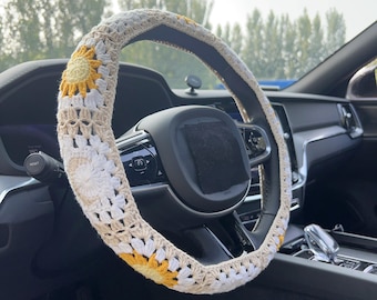 Yellow sun and moon Car Steering Wheel Cover,Crochet Steering Wheel Cover,Flower seat belt Cover,Cute Steering Wheel Cover,Car Accessories