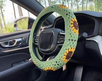 Green Sunflower Car Steering Wheel Cover,Crochet Steering Wheel Cover,Flower seat belt Cover,Cute Steering Wheel Cover,Car Accessories