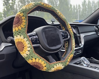 Green Sunflower Car Steering Wheel Cover,Crochet Steering Wheel Cover,Flower seat belt Cover,Cute Steering Wheel Cover,Car Accessories