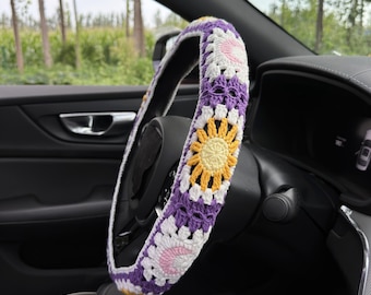 Purple sun and moon Car Steering Wheel Cover,Crochet Steering Wheel Cover,Flower seat belt Cover,Cute Steering Wheel Cover,Car Accessories