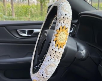 Yellow sun and moon Car Steering Wheel Cover,Crochet Steering Wheel Cover,Flower seat belt Cover,Cute Steering Wheel Cover,Car Accessories