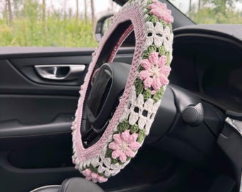 Funda para volante de coche con girasol rosa, funda de volante de ganchillo, funda para cinturón de seguridad con flores, bonita funda para volante, accesorios para coche