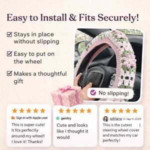 Pink Sunflower Car Steering Wheel Cover,Crochet Steering Wheel Cover,Flower seat belt Cover,Cute Steering Wheel Cover,Car Accessories image 2