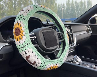 sunflower and moon Car Steering Wheel Cover,Crochet Steering Wheel Cover,Flower seat belt Cover,Cute Steering Wheel Cover,Car Accessories