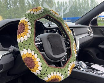 Green Sunflower Car Steering Wheel Cover,Crochet Steering Wheel Cover,Flower seat belt Cover,Cute Steering Wheel Cover,Car Accessories