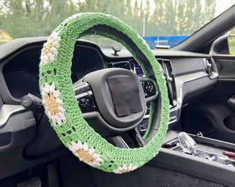 Green Sunflower Car Steering Wheel Cover,Crochet Steering Wheel Cover,Flower seat belt Cover,Cute Steering Wheel Cover,Car Accessories