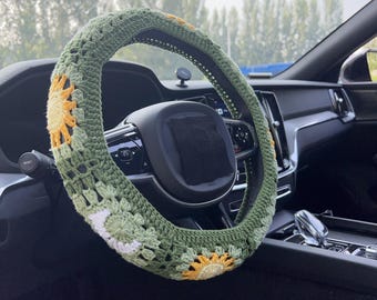 Green sun and moon Car Steering Wheel Cover,Crochet Steering Wheel Cover,Flower seat belt Cover,Cute Steering Wheel Cover,Car Accessories