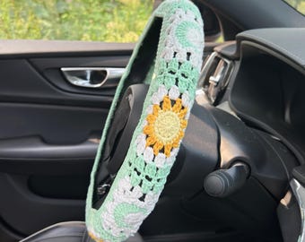 Green sun and moon Car Steering Wheel Cover,Crochet Steering Wheel Cover,Flower seat belt Cover,Cute Steering Wheel Cover,Car Accessories