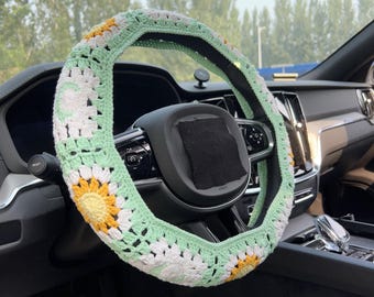 Green sun and moon Car Steering Wheel Cover,Crochet Steering Wheel Cover,Flower seat belt Cover,Cute Steering Wheel Cover,Car Accessories