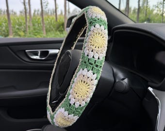 Green Sunflower Car Steering Wheel Cover,Crochet Steering Wheel Cover,Flower seat belt Cover,Cute Steering Wheel Cover,Car Accessories