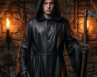 Men’s Black Hooded Leather Coat, Gothic Grim Reaper Long Coat, Handmade Halloween Cosplay Cloak Style Overcoat