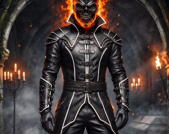 Men’s Black Leather Long Jacket and Pants Set, Gothic Skull Warrior Costume, Handmade Fantasy Halloween Cosplay Outfit