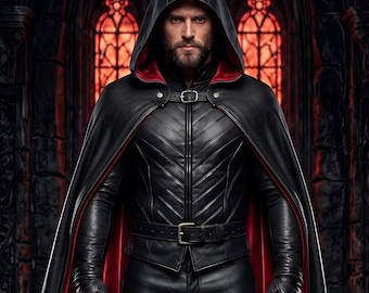 Men’s Black Red Hooded Leather Cloak Costume, Gothic Vampire Cape Set, Medieval Fantasy LARP Outfit, Halloween Cosplay