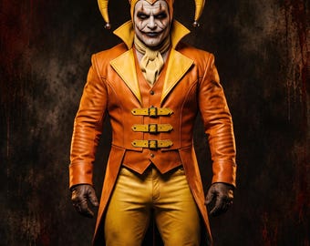 Men Orange Leather Jester Coat Vest and Pants Set, Gothic Halloween Costume, Fantasy Cosplay Outfit, Carnival LARP Stage Wear