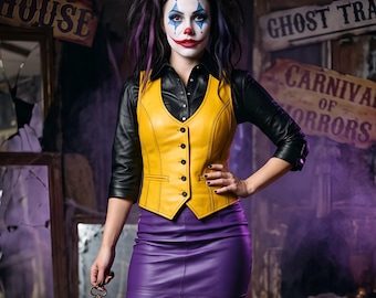 Women's Halloween Leather Vest Skirt and Shirt Set, Yellow Gothic Waistcoat, Purple Leather Skirt, Clown Costume Festival Wear
