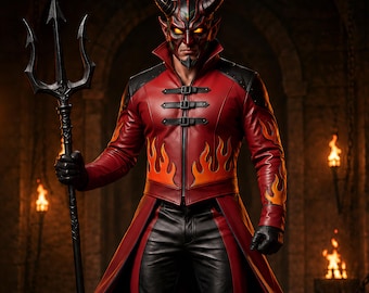 Men’s Red Devil Leather Jacket and Pants Set, Halloween Demon Costume, Fantasy Leather Outfit, Custom Cosplay Festival Wear