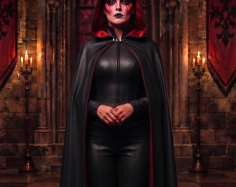 Women’s Black Red Leather Vampire Costume Set, Hooded Cloak Top and Pants, Gothic Halloween Cosplay Outfit