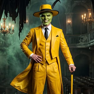 May include: A bright yellow three-piece suit consisting of a long tailcoat, a vest, and trousers. The outfit includes a matching yellow fedora with a black feather, a white dress shirt, a black necktie, and black and white wingtip shoes.