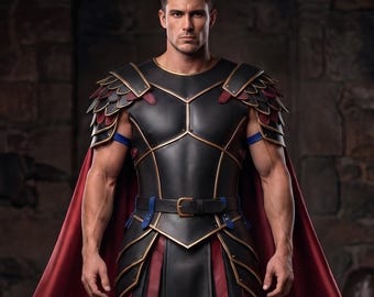 Men’s Black Red Leather Vest Kilt and Cloak Set, Spartan Warrior Leather Armor, Medieval Gladiator Costume, Custom LARP Festival Wear