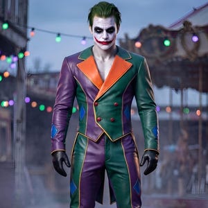 Joker-inspirerad läderkappa och byxor för män, karnevalskurkkostym, anpassad cosplay-festivalklädsel bild 1