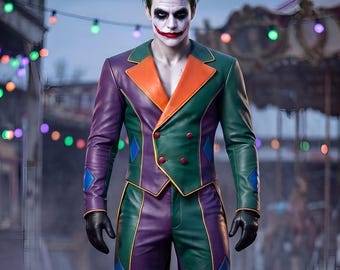 Men's Joker Inspired Leather Coat and Pants Set, Carnival Villain Costume, Custom Cosplay Festival Wear