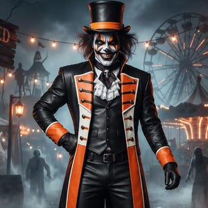 Può includere: Una figura da clown che indossa un cilindro nero e arancione, un lungo cappotto nero con risvolti arancioni, una cravatta bianca a balze con una spilla a teschio, pantaloni neri e stivali neri. Il clown ha il viso dipinto di bianco con segni neri e rossi.