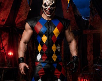 Men Multicolor Leather Jester Vest and Pants Set, Gothic Harlequin Costume, Dark Circus Cosplay Outfit, Halloween Festival Stage Wear