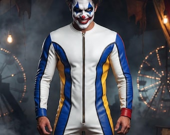 Men’s Clown Leather Jumpsuit, White Blue Yellow Red Circus Costume, Handmade Halloween Cosplay Leather Outfit