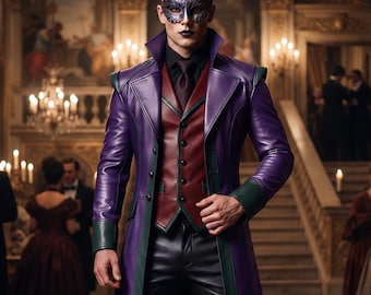 Men’s Purple Masquerade Leather Costume Set, Handmade Gothic Long Coat Vest and Pants, Halloween Cosplay Outfit