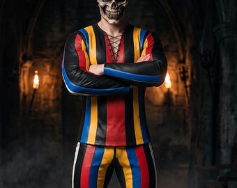 Men Multicolor Leather Shirt and Pant Set, Gothic Jester Costume, Circus Carnival Cosplay Outfit, Halloween Festival Stage Wear