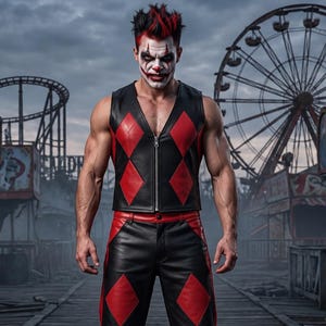 May include: A sleeveless black and red leather waistcoat with a front zip and diamond patterns, worn with matching black and red leather shorts featuring diamond accents. The ensemble is finished with black and red lace-up boots with thick soles.