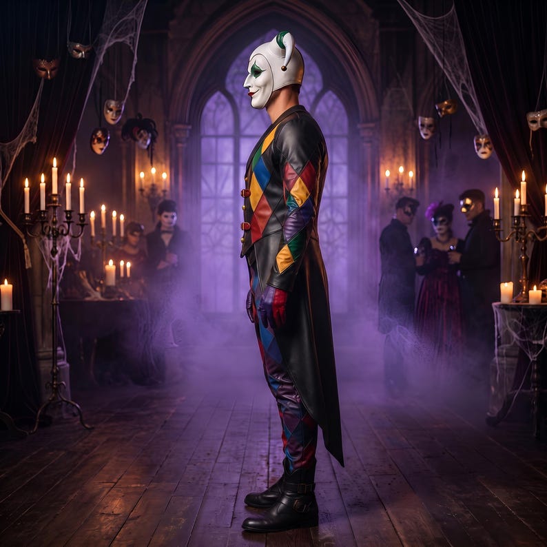 May include: A jester costume featuring a black tailcoat with multicolored diamond patterns in red, yellow, purple, and blue. The outfit includes matching trousers, a white jester mask with a pointed hood, and black leather boots in a dark room.