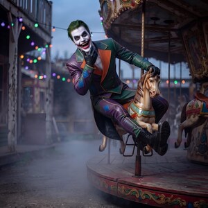 Joker-inspirerad läderkappa och byxor för män, karnevalskurkkostym, anpassad cosplay-festivalklädsel bild 7