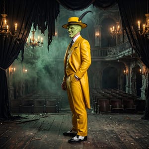 May include: A figure wearing a bright yellow suit, a matching yellow fedora with a black feather, and black and white dress shoes. The figure has a green face with a wide, toothy grin, standing on a wooden stage in a dark, empty theater.