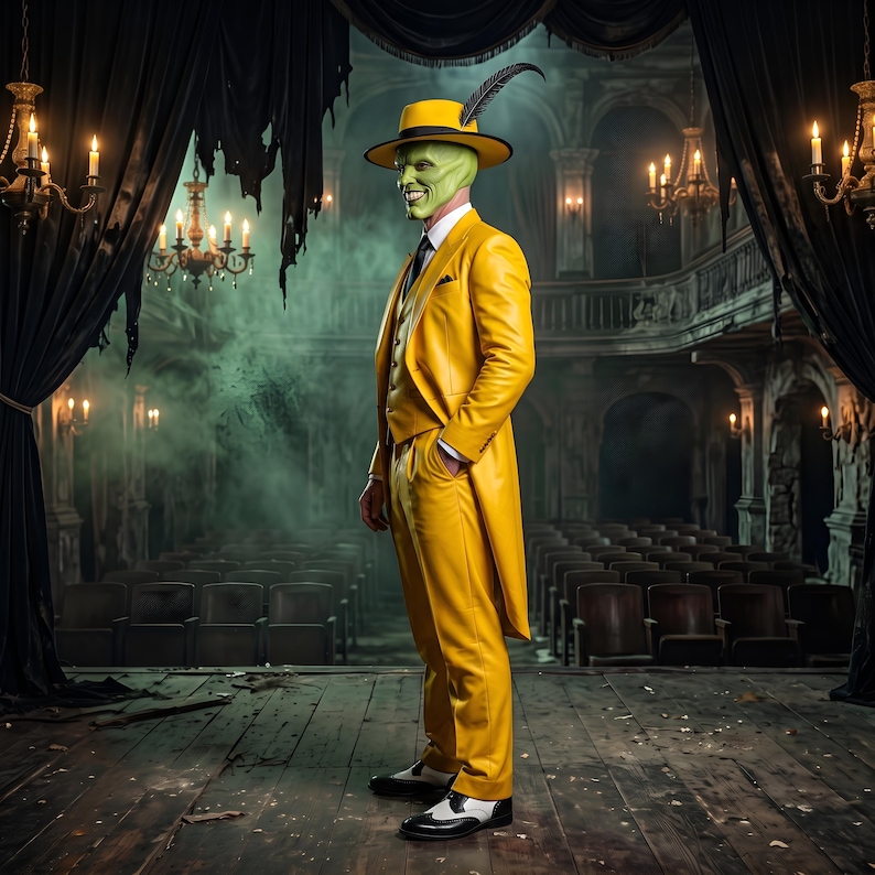 May include: A figure wearing a bright yellow suit, a matching yellow fedora with a black feather, and black and white dress shoes. The figure has a green face with a wide, toothy grin, standing on a wooden stage in a dark, empty theater.